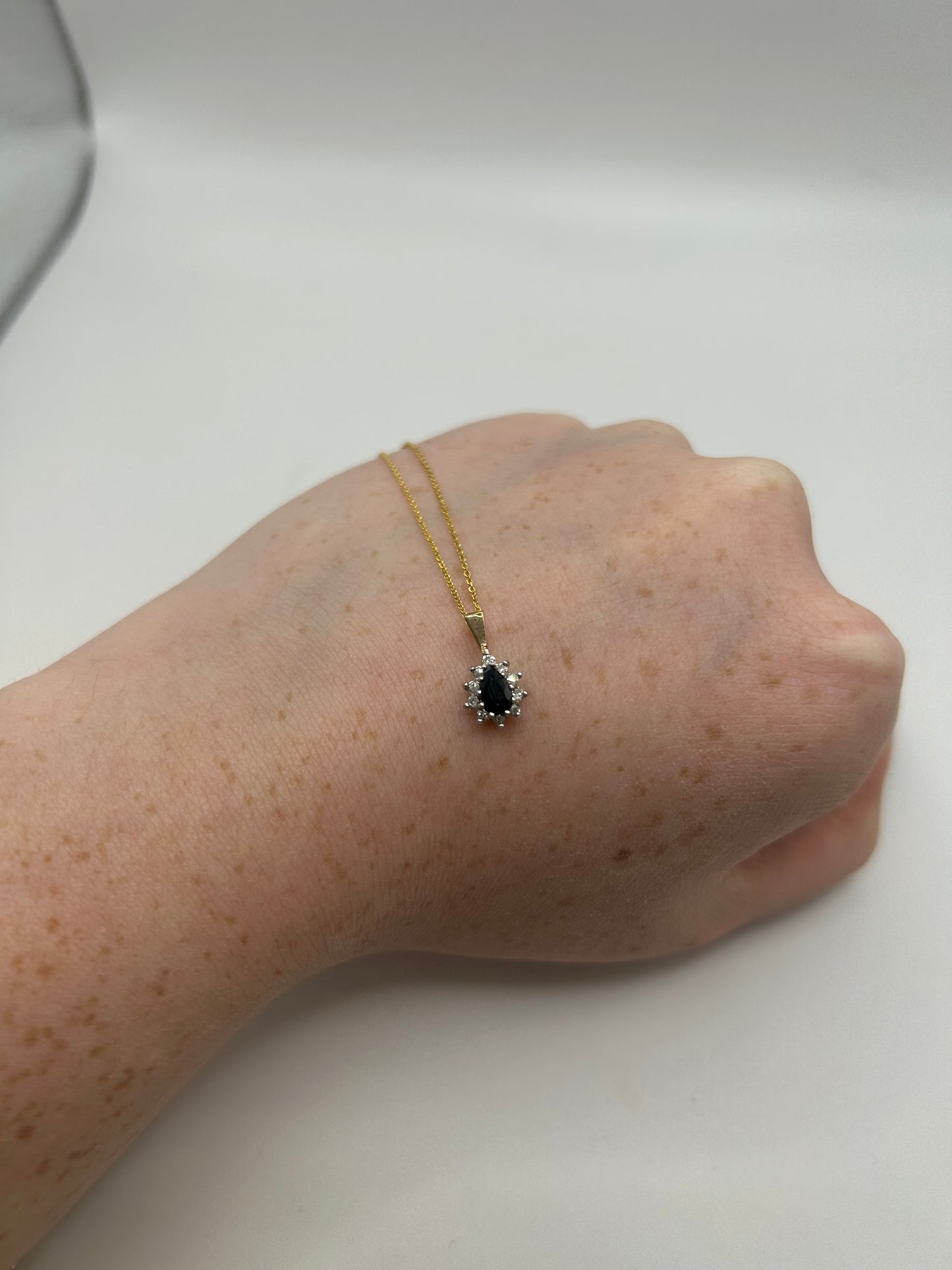 9ct Yellow Gold Pear Cut Sapphire and Diamond Halo Necklace