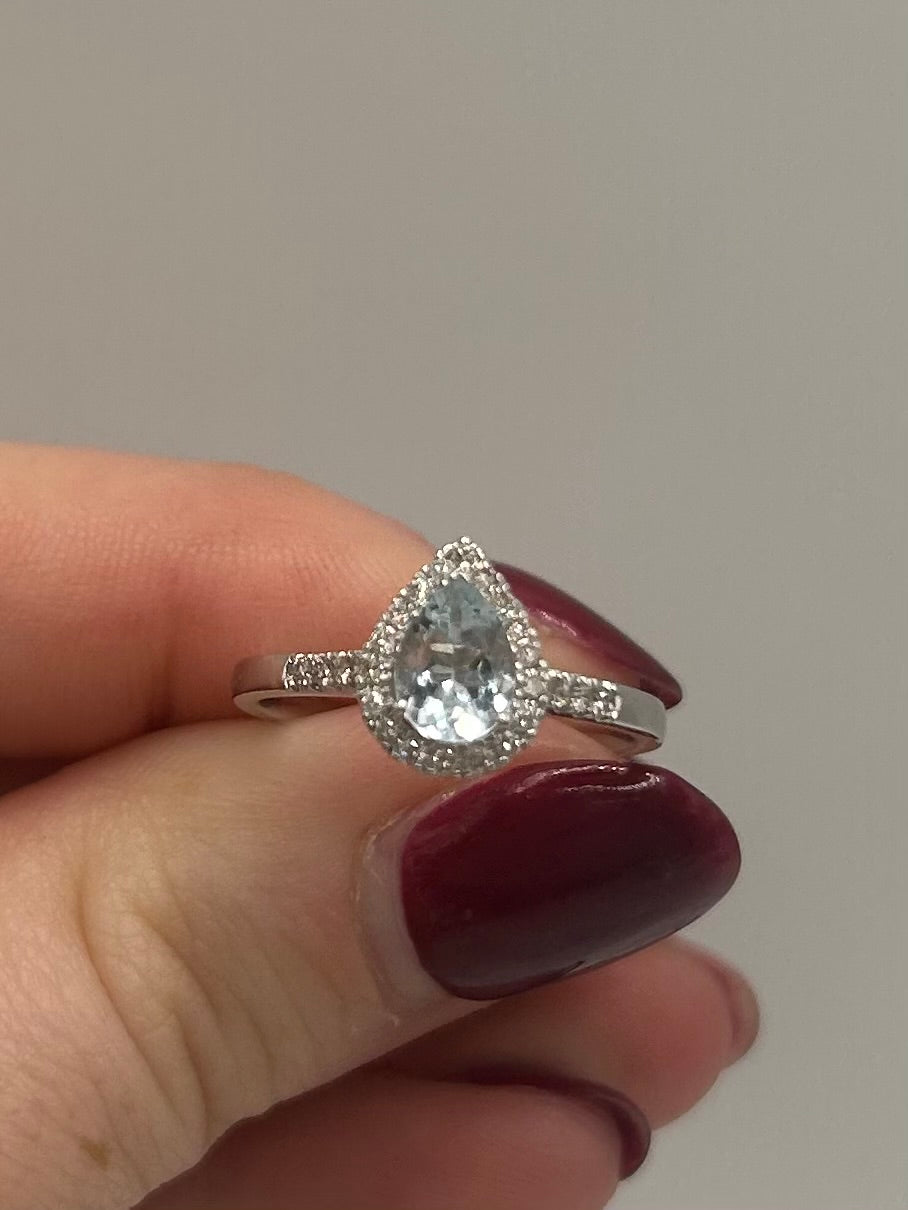 18ct White Gold Small Pear cut Aquamarine and Diamond Ring