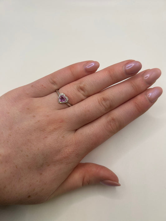9ct White Gold Pink Sapphire and Diamond Heart Ring