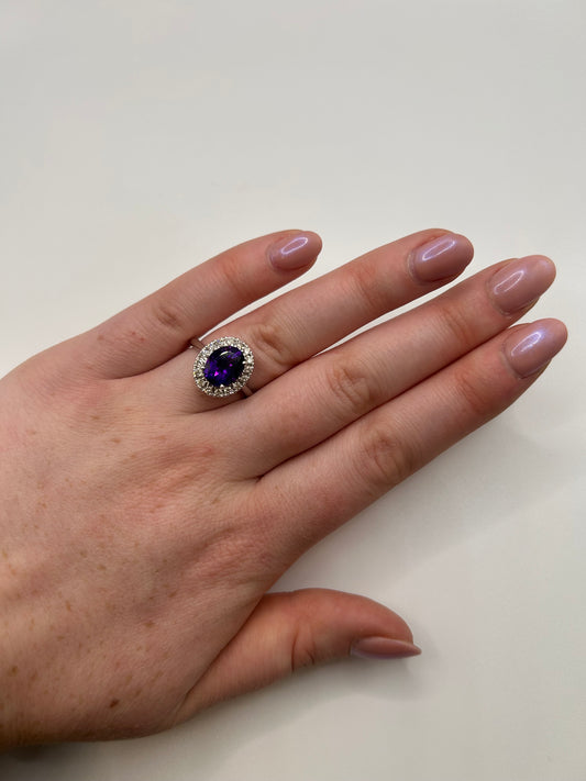 9ct White Gold Amethyst and Diamond Basket Ring