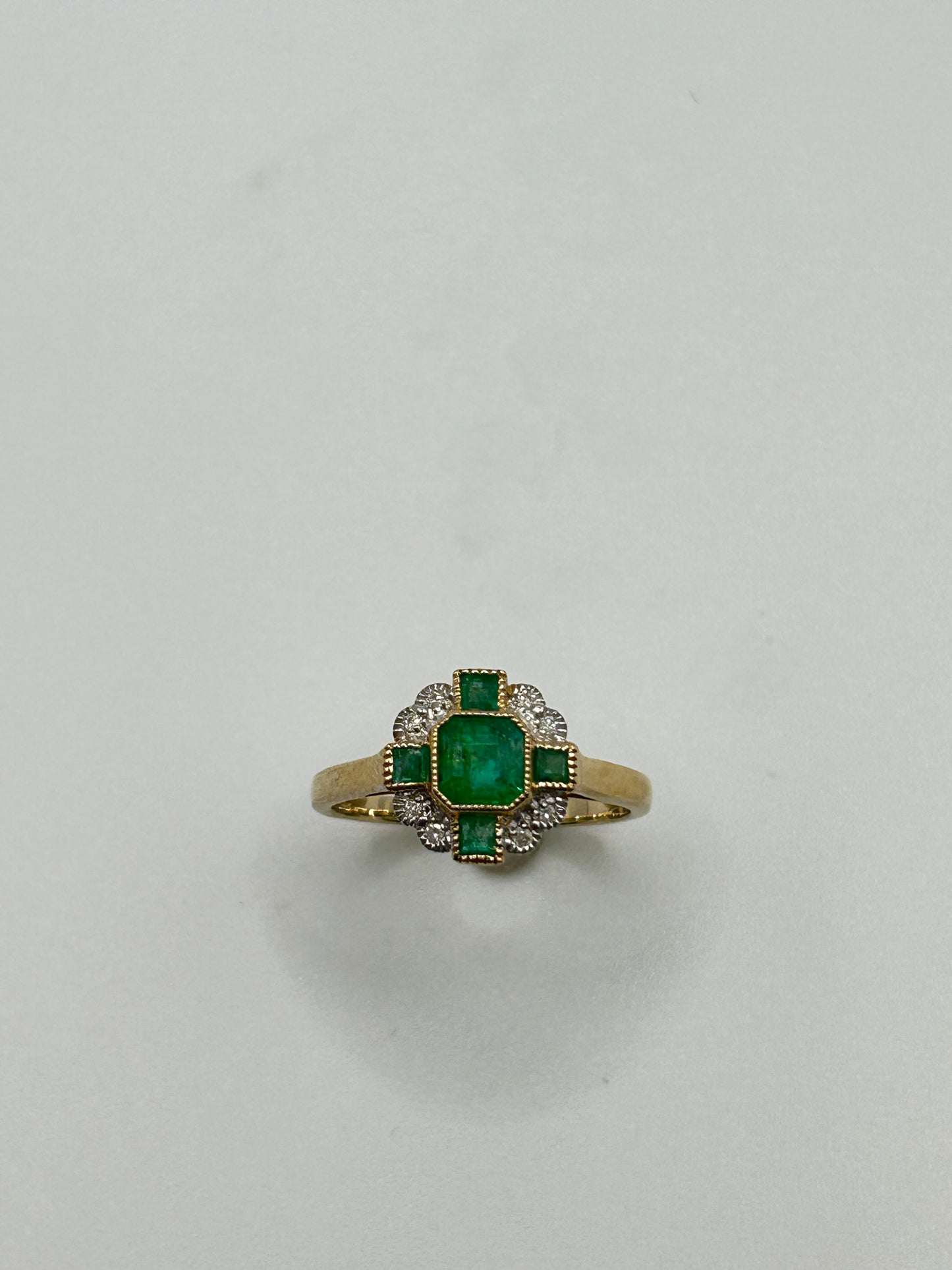 9ct Yellow Gold Emerald and Diamond Art Deco Ring