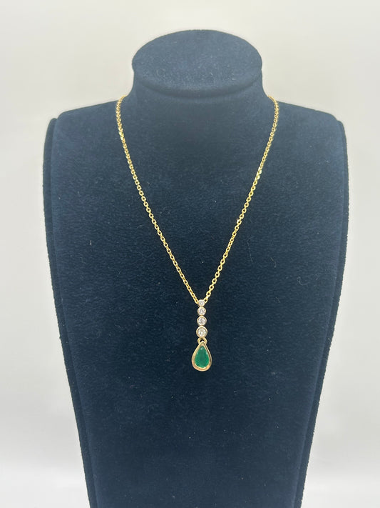 9ct Yellow Gold Pear Cut Emerald and Diamond Necklace