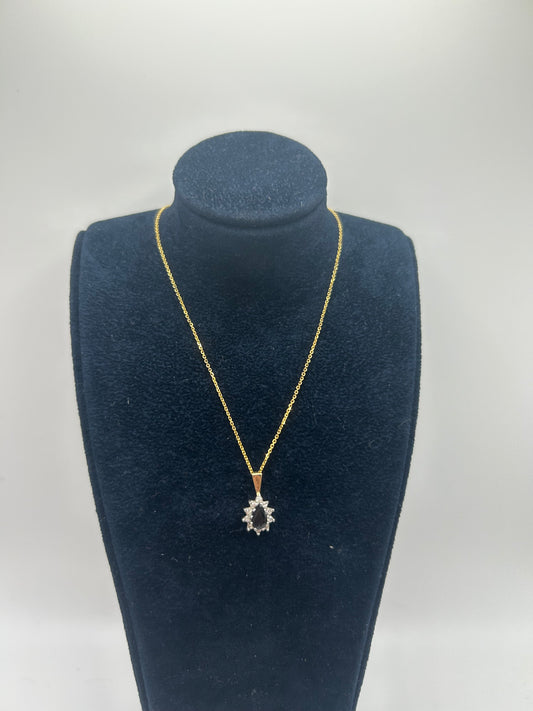 9ct Yellow Gold Pear Cut Sapphire and Diamond Halo Necklace