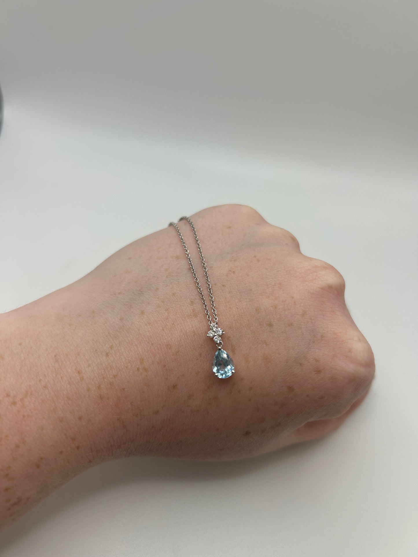9ct White Gold Pear cut Aquamarine and Diamond Necklace