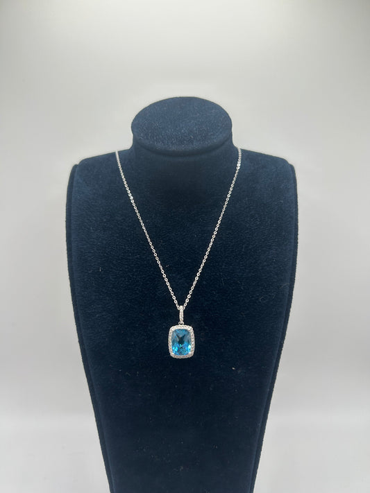 9ct White Gold Princess cut Blue Topaz and Diamonds Necklace