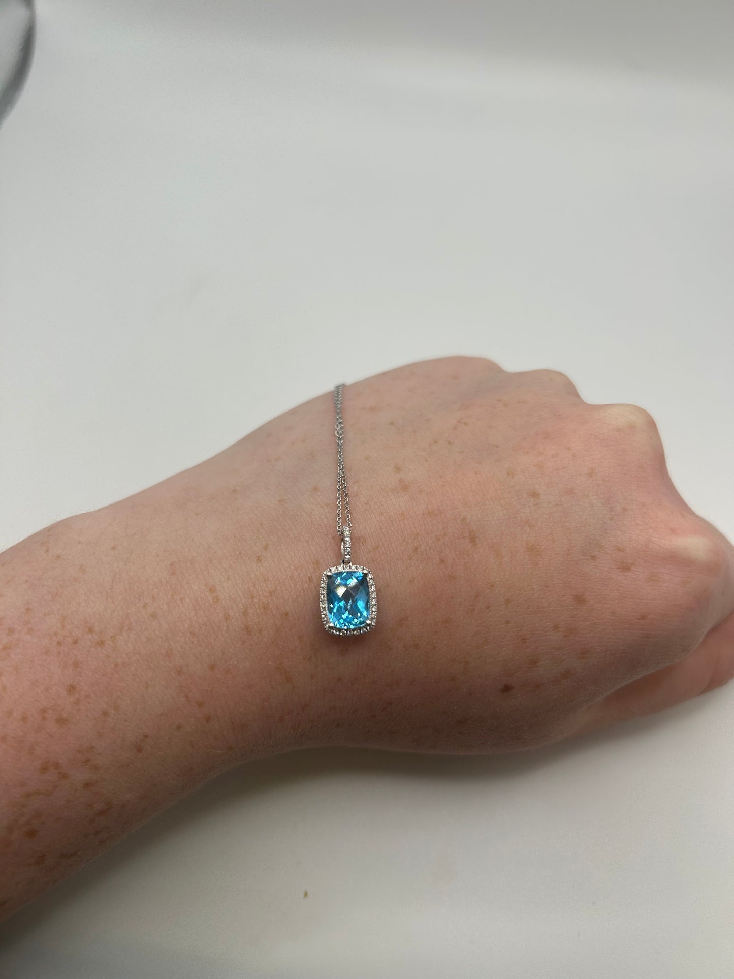 9ct White Gold Princess cut Blue Topaz and Diamonds Necklace