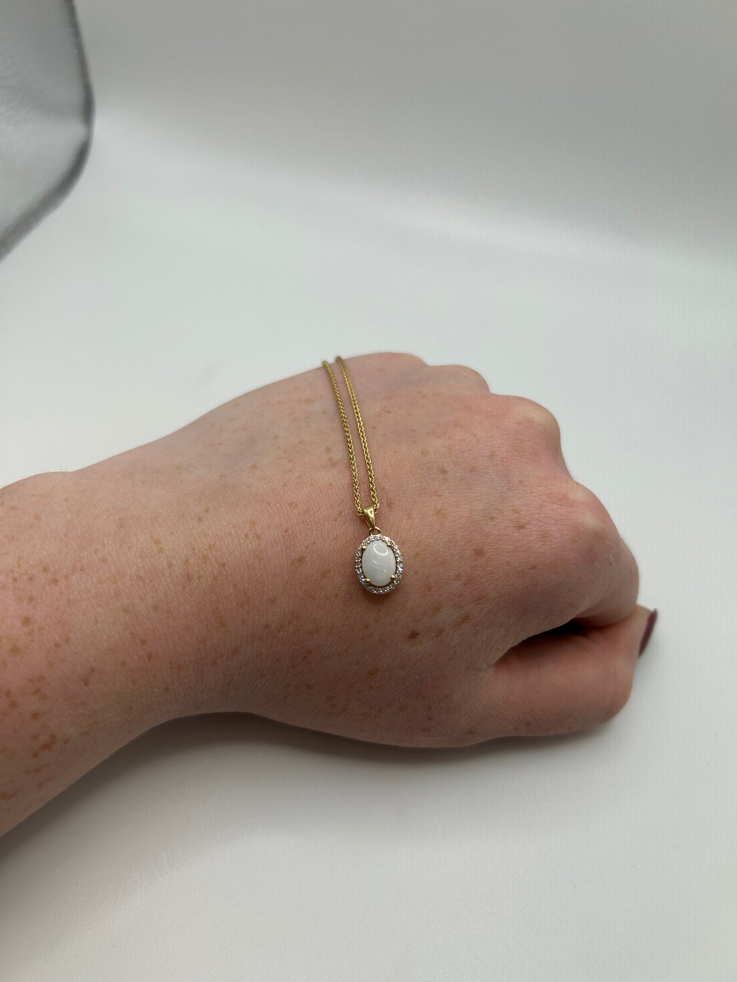 9ct White Gold Oval Cut Opal and Diamond Necklace