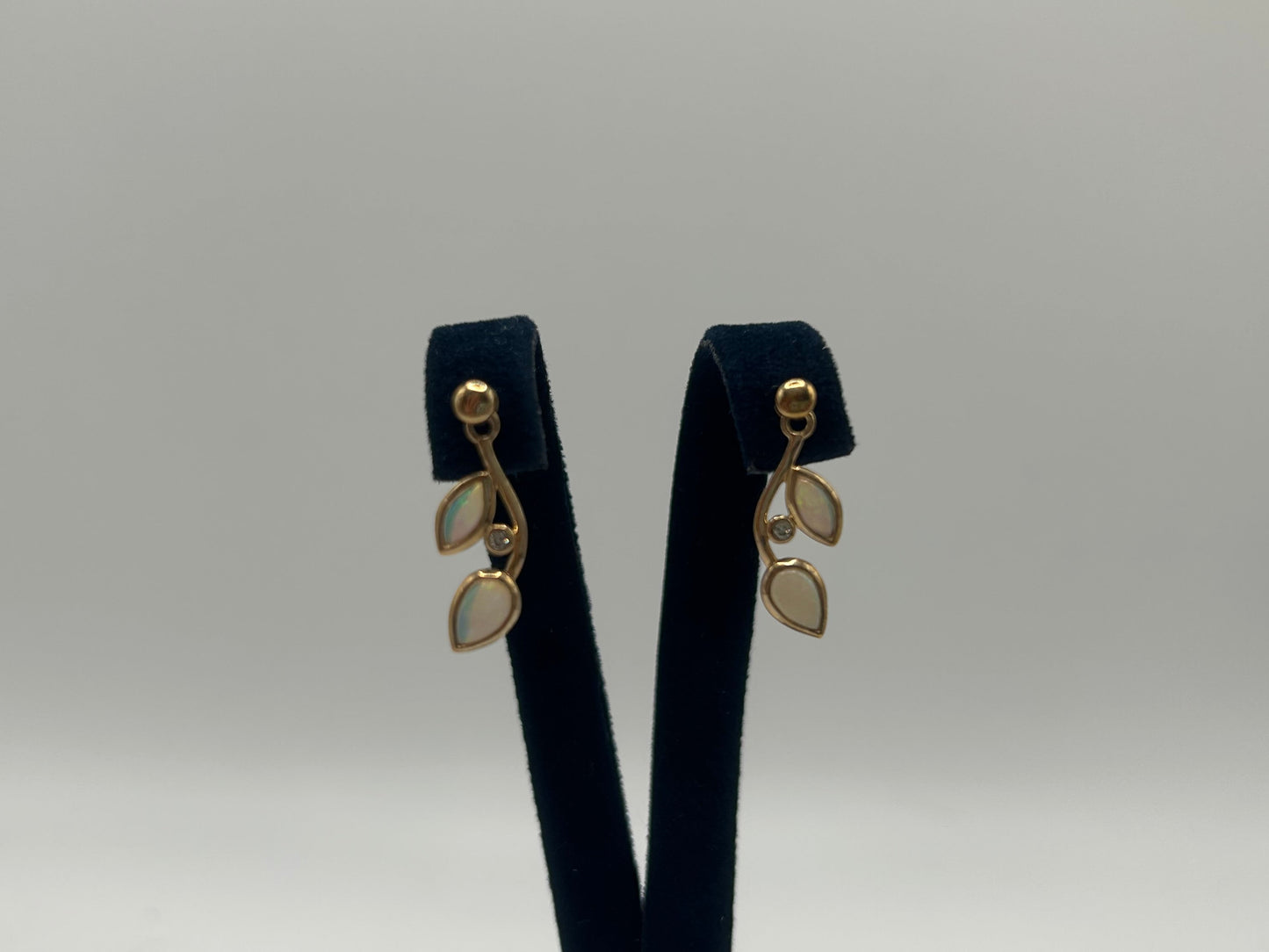 9ct Yellow Gold Opal and Diamond Leaf Drop Earrings