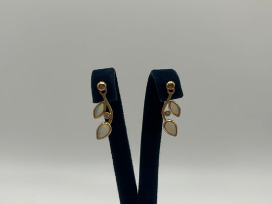 9ct Yellow Gold Opal and Diamond Leaf Drop Earrings